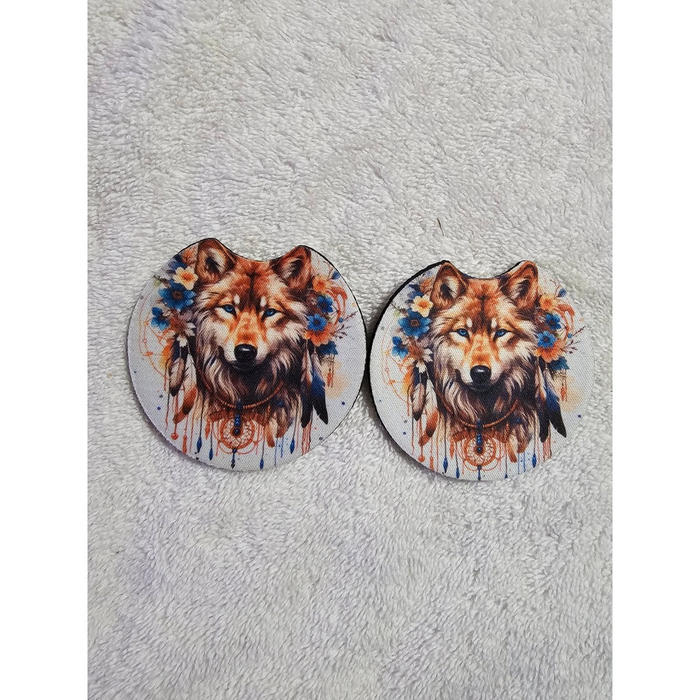 Wolf Car Coasters - Absorbent Stone, Finger Notch -‎ Set of 2